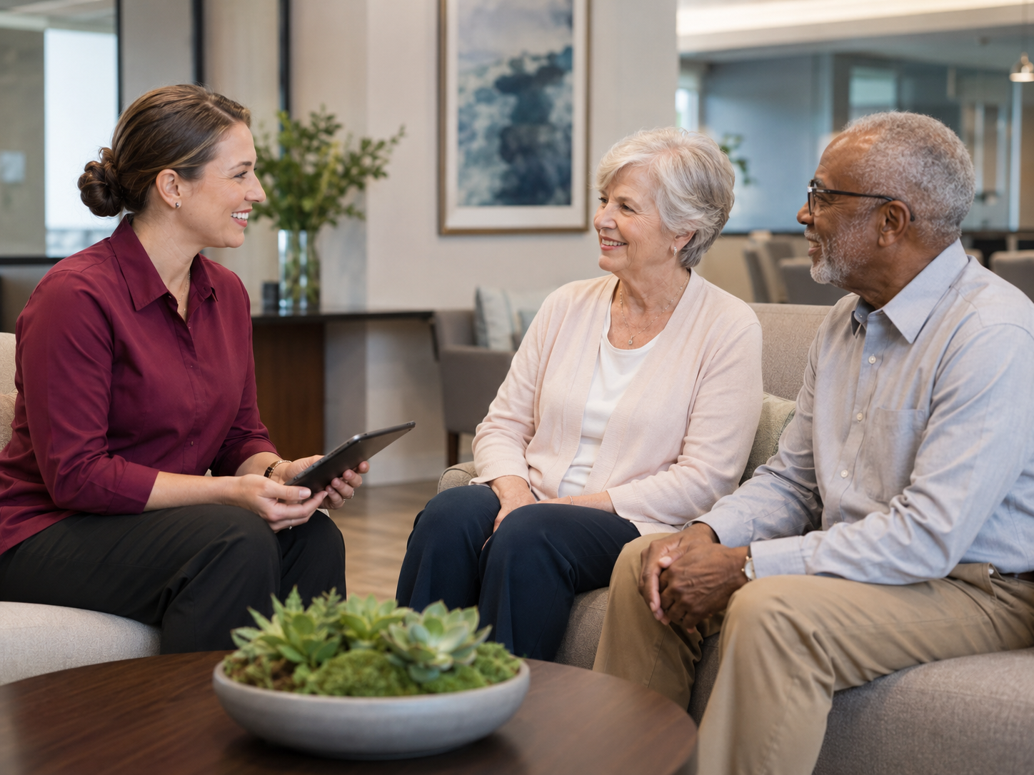 Caregiver assisting a senior in a warm home setting