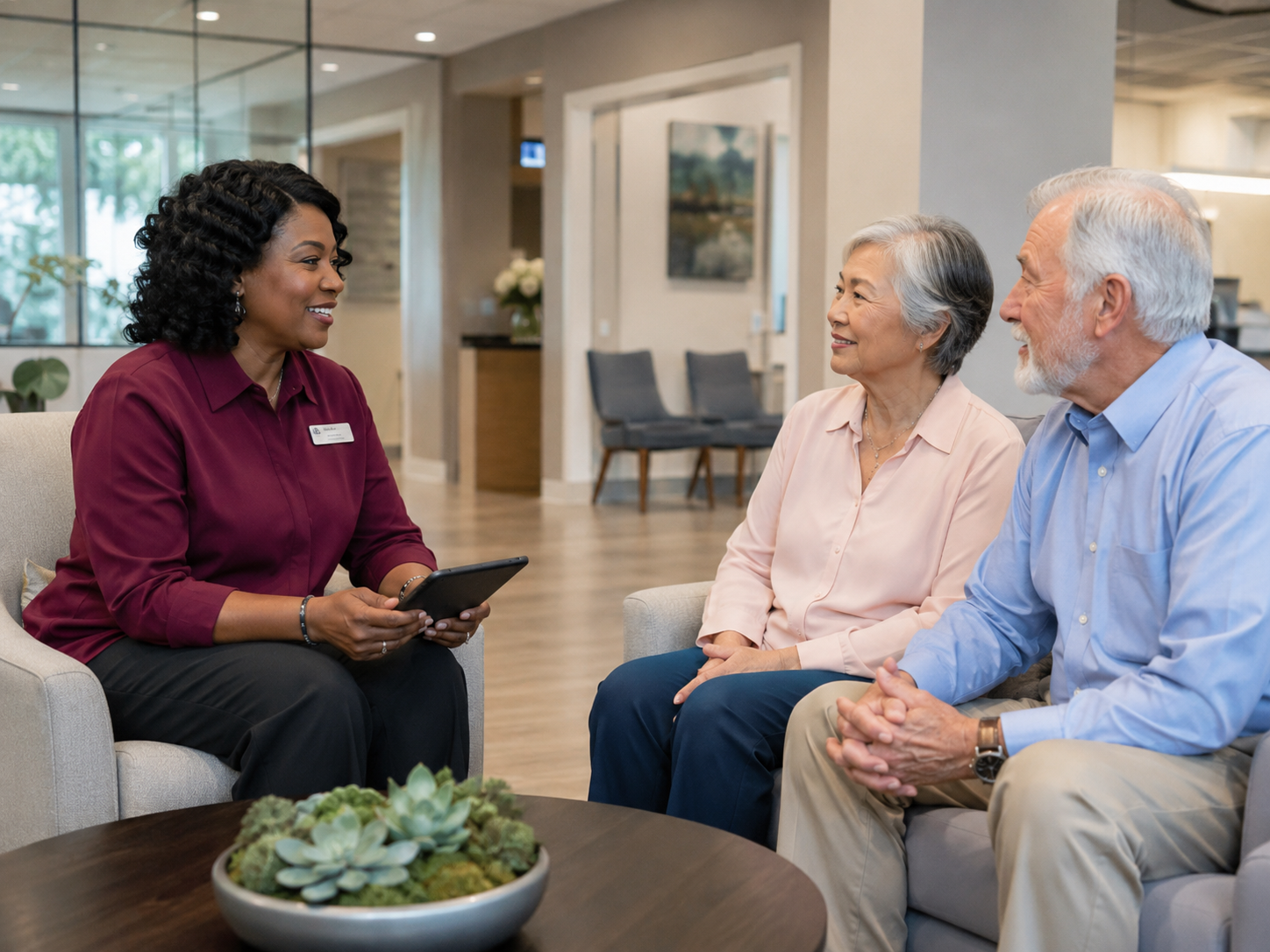 Caregiver speaking with a senior during a consultation